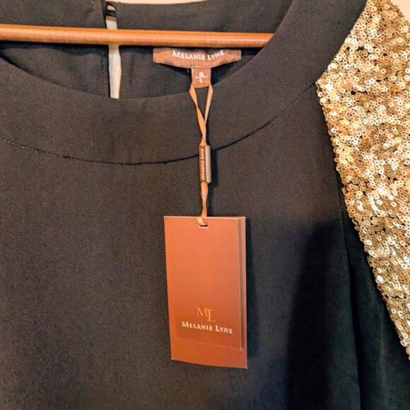 NWT Melanie Lyne Crepe Top with Gold Sequined Sleeves - Picture 4 of 9